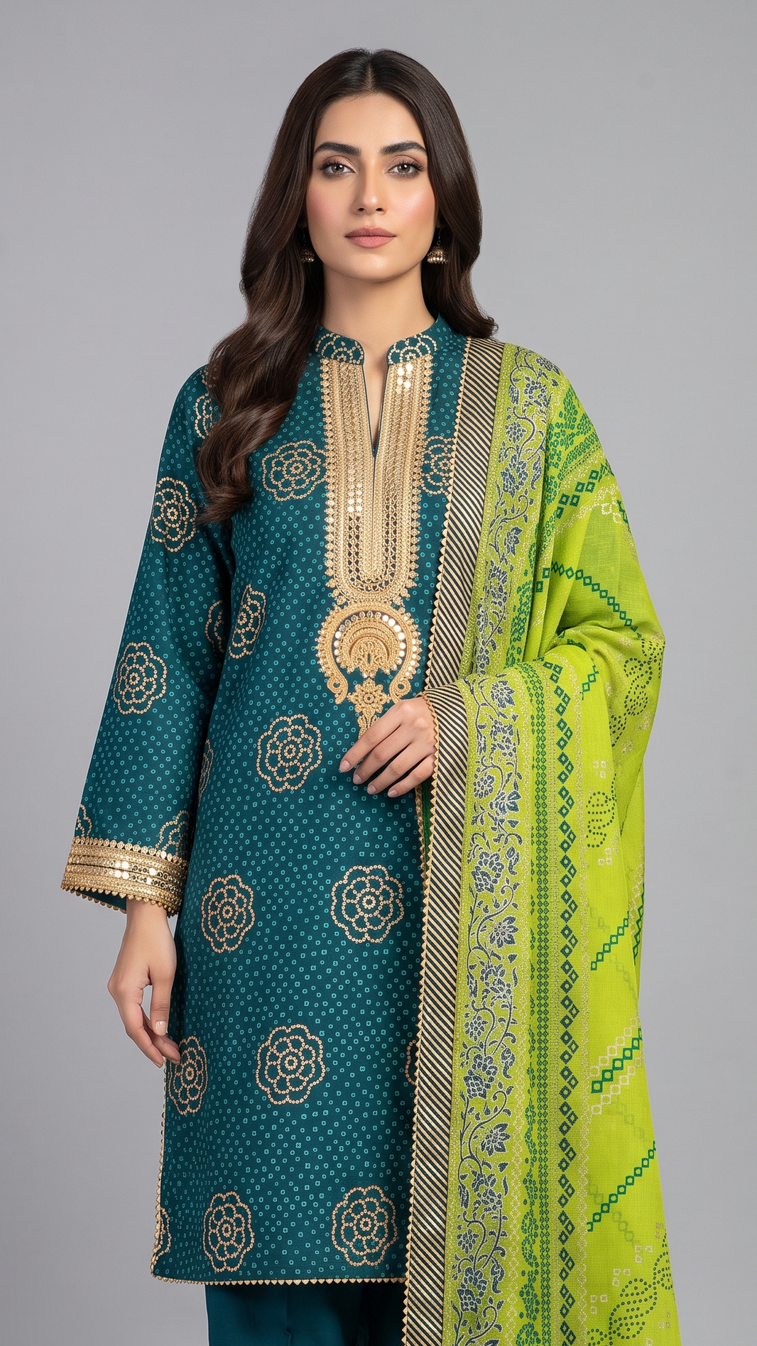 3Pc Emb Suit with Gold & Lacquer Printed Chiffon Dupatta