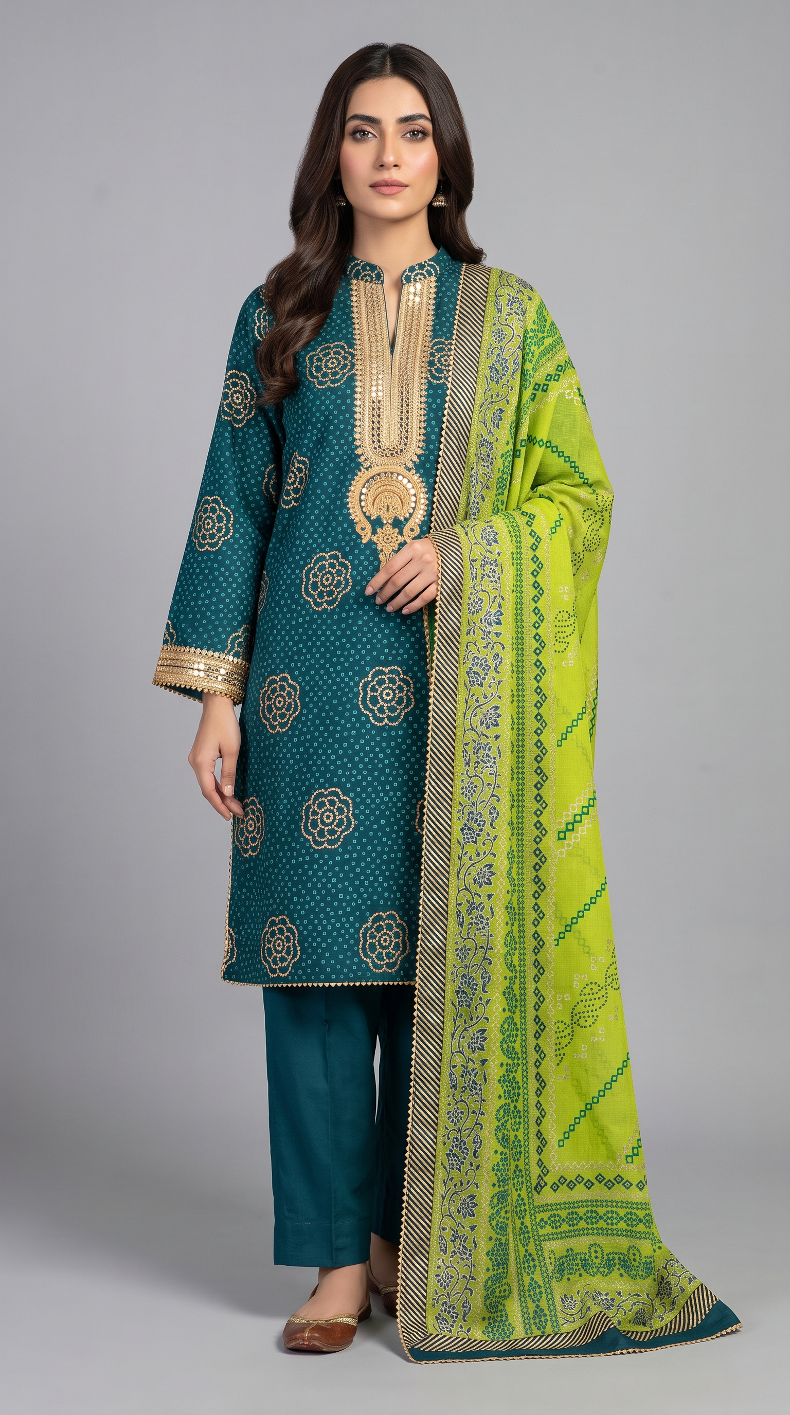 3Pc Emb Suit with Gold & Lacquer Printed Chiffon Dupatta