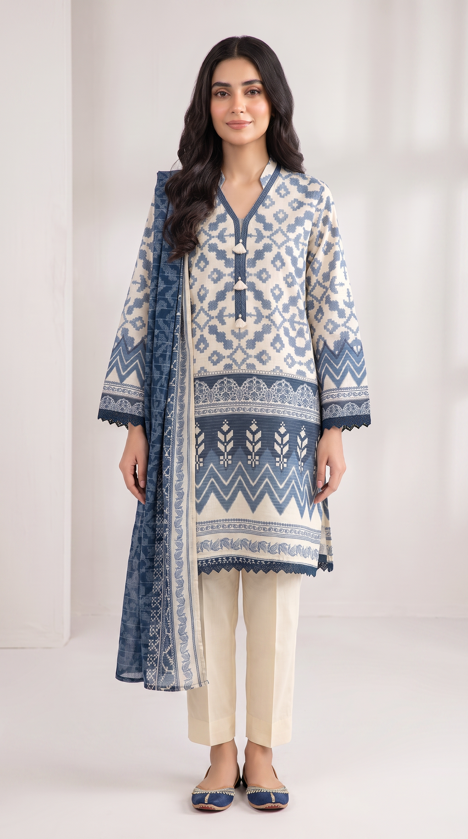 3Pc Printed Mehsuri Stripe Lawn Suit