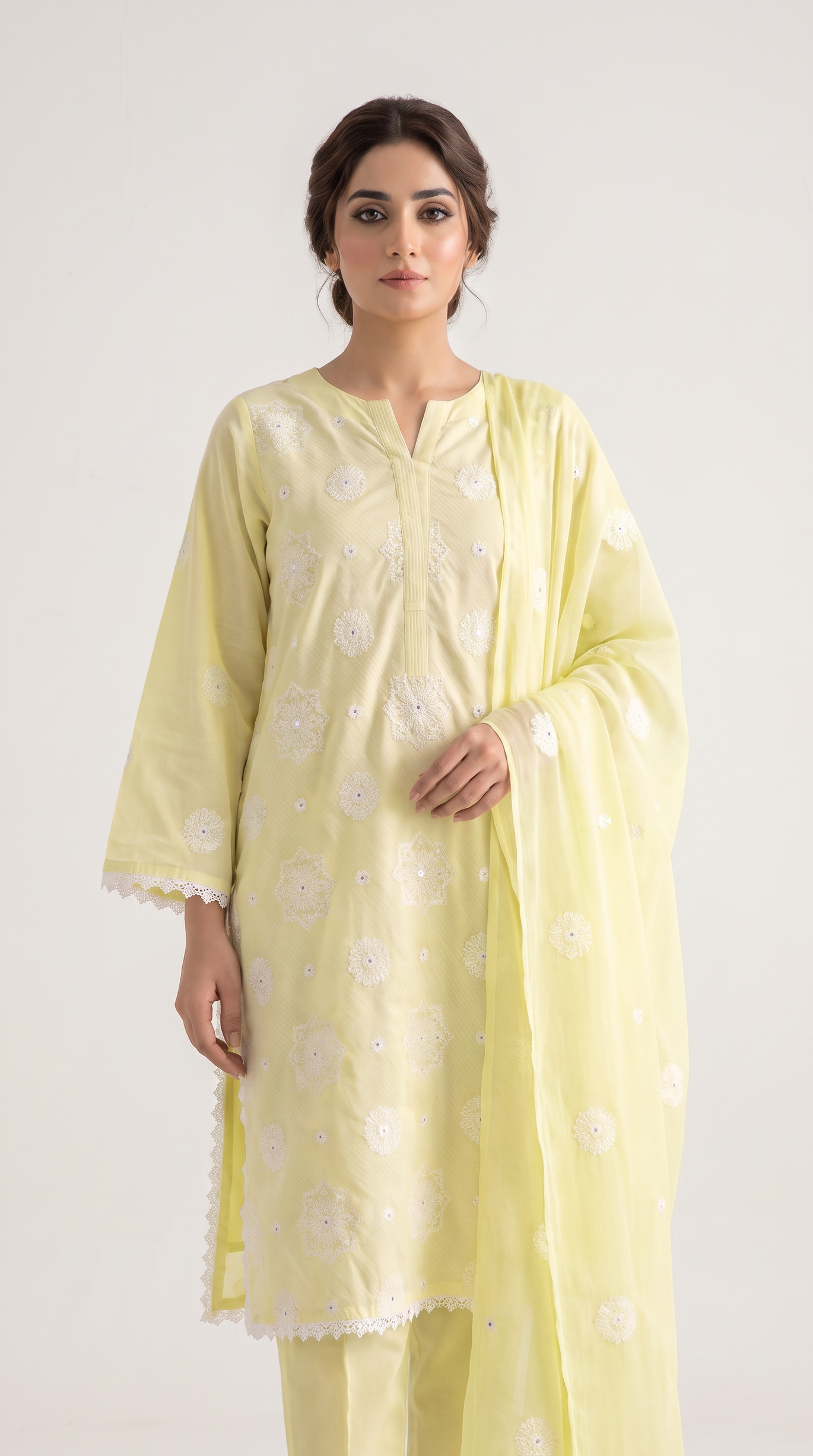 3Pc Dyed Cotton Lawn Emb Suit With Chiffon Emb Dupatta