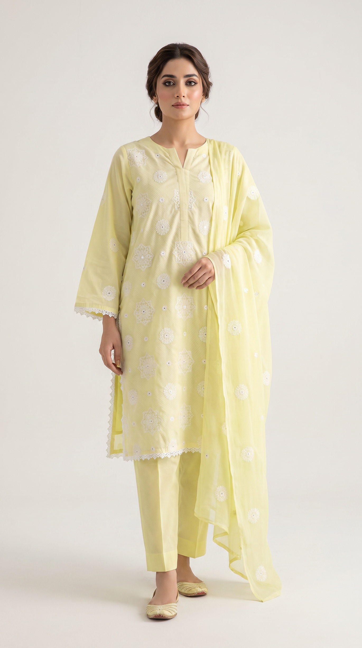 3Pc Dyed Cotton Lawn Emb Suit With Chiffon Emb Dupatta