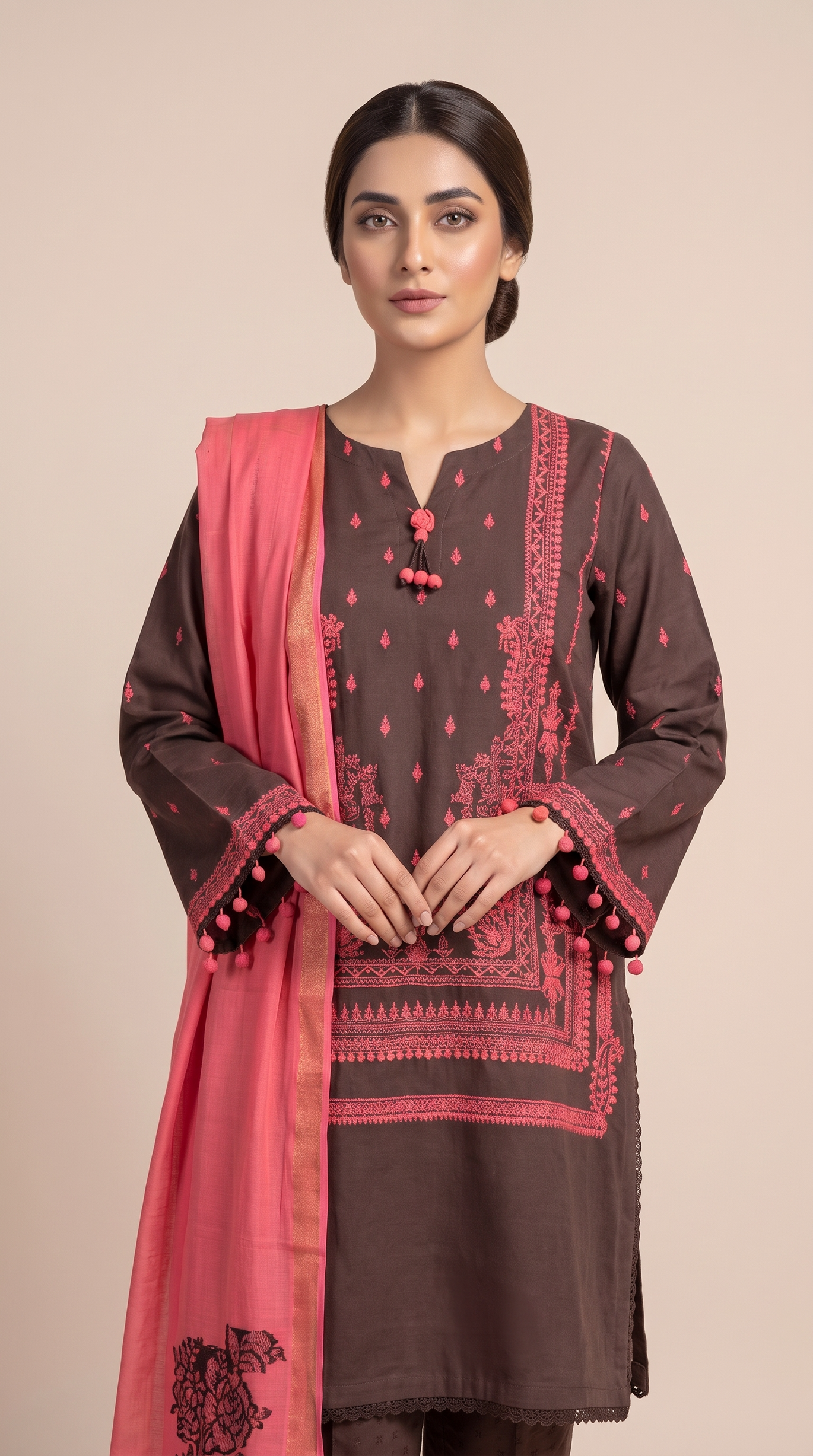 3Pc Dyed Self Jacquard Embroidered Suit