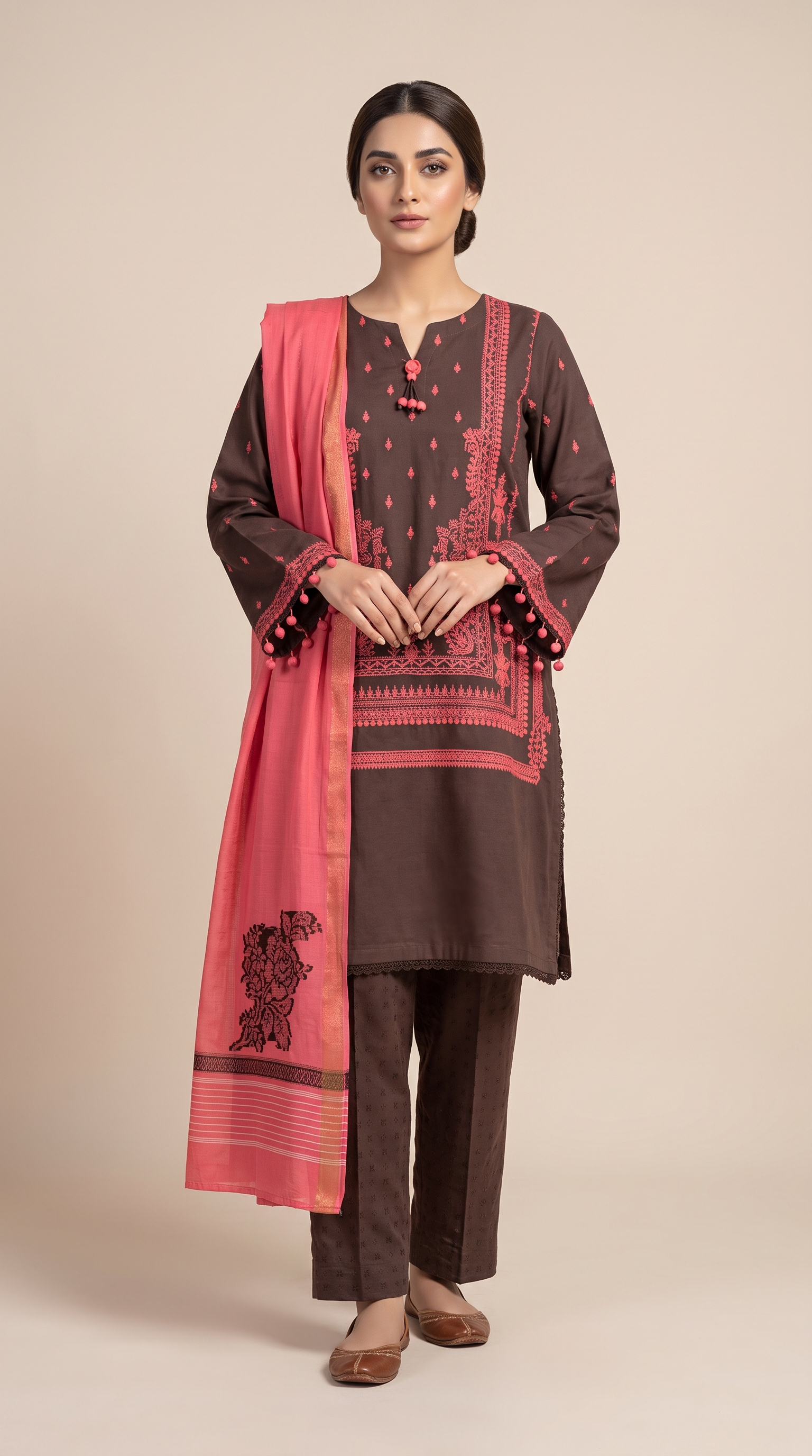 3Pc Dyed Self Jacquard Embroidered Suit