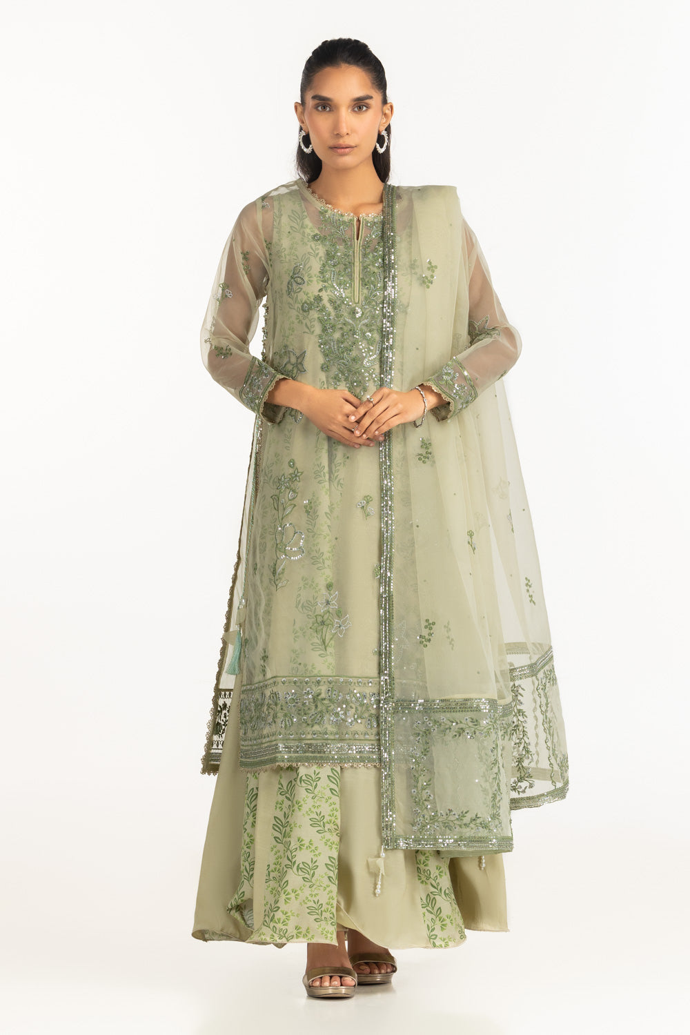 Organza Embroidered Shirt With Printed Inner And Embroidered Dupatta