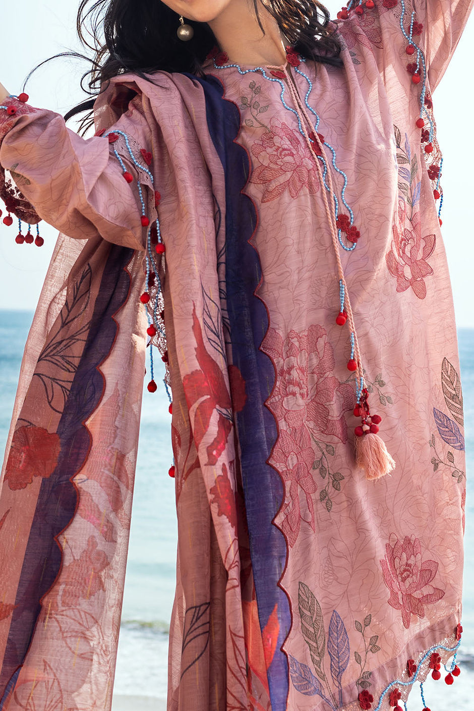 3 Piece Embroidered Printed Paper Cotton Suit with Zari Dupatta