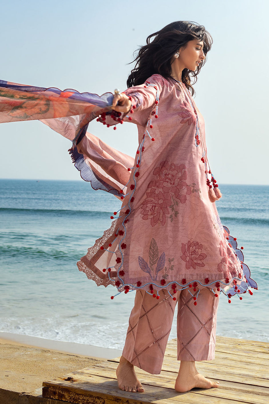 3 Piece Embroidered Printed Paper Cotton Suit with Zari Dupatta