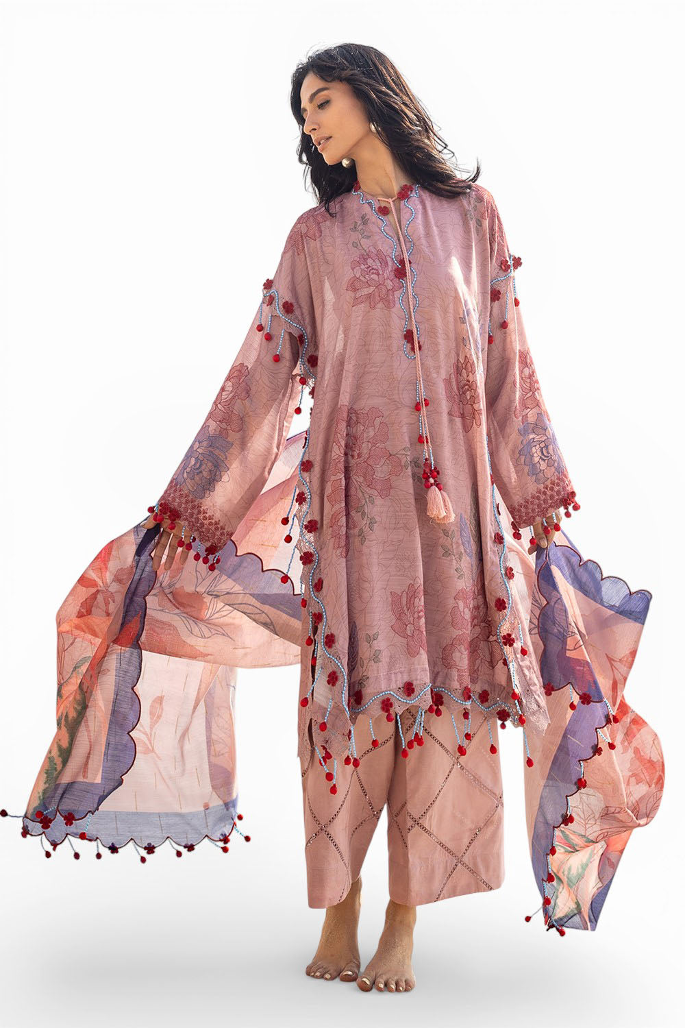 3 Piece Embroidered Printed Paper Cotton Suit with Zari Dupatta