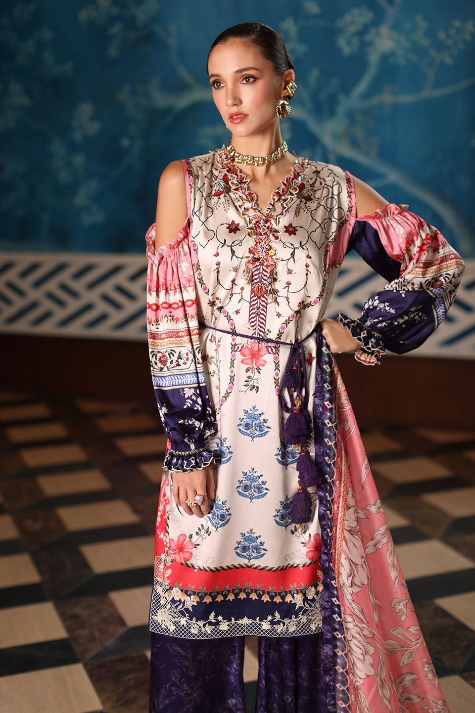 3 Piece Printed Charmeuse Silk Suit with Embroidered Organza Details and Printed Tissue Silk Dupatta