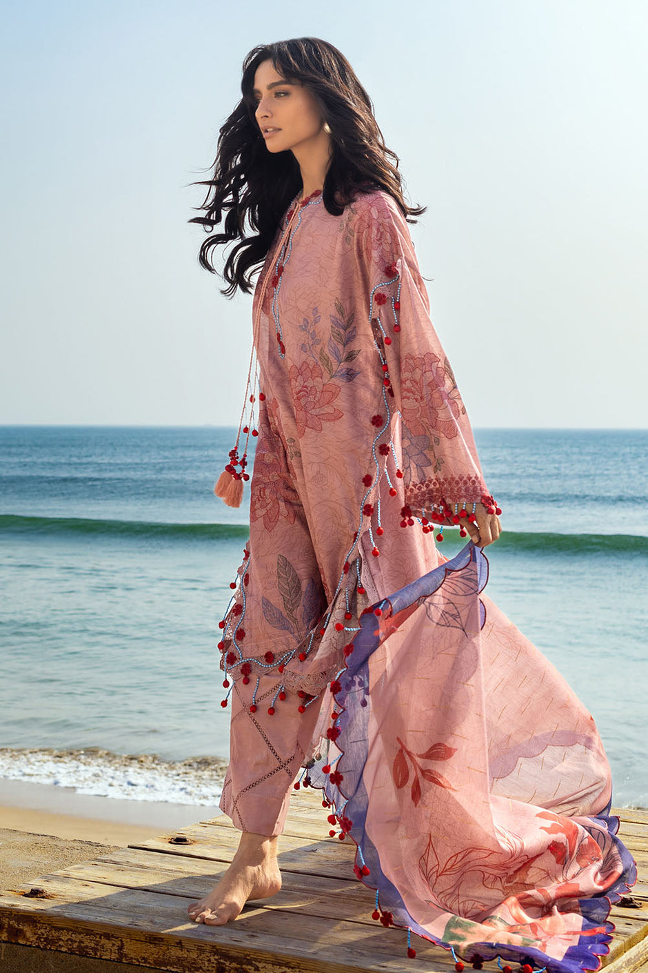 3 Piece Embroidered Printed Paper Cotton Suit with Zari Dupatta