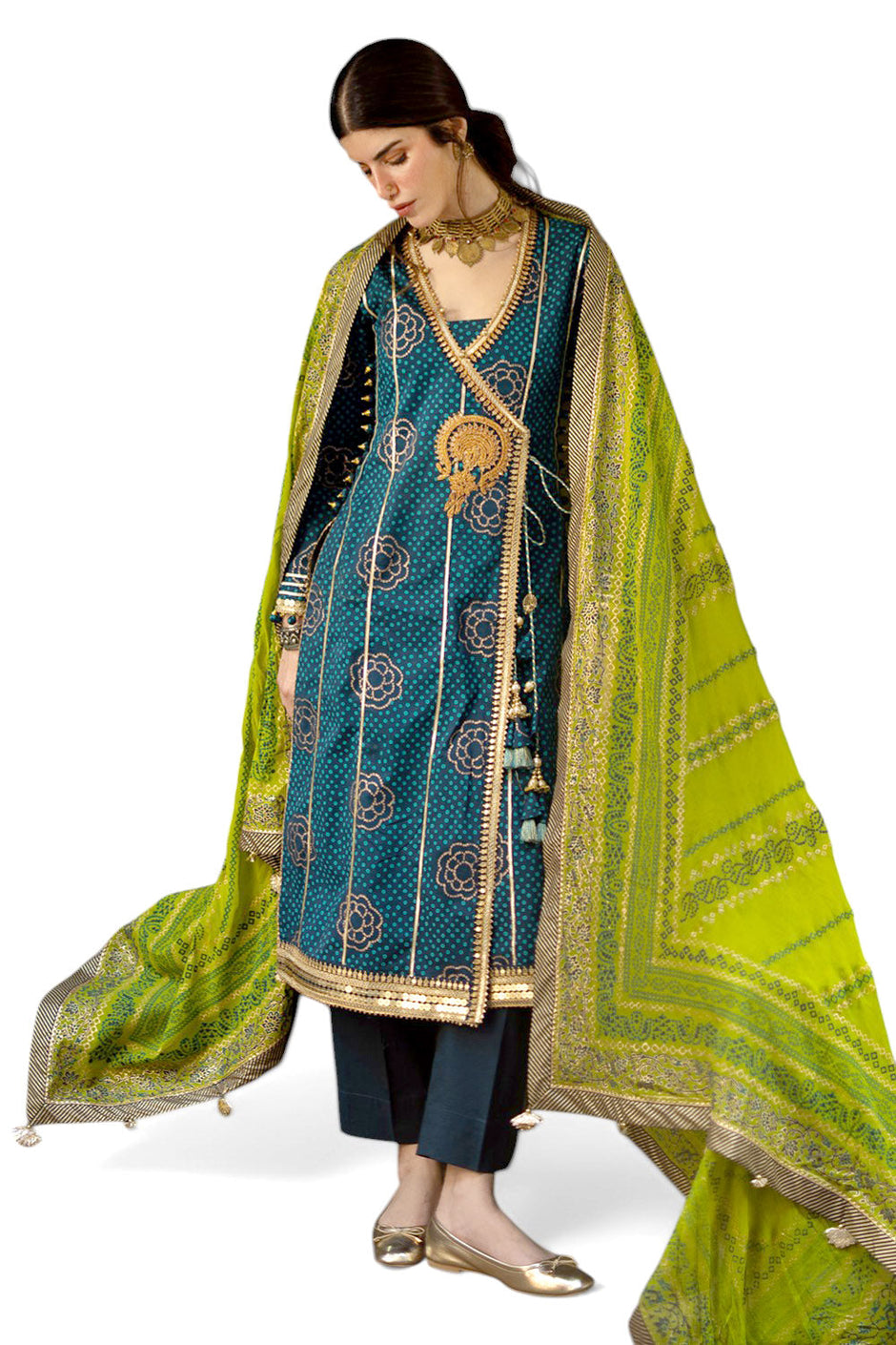 3 Piece Gold and Lacquer Printed Lawn Suit with Gold and Lacquer Printed Chiffon Dupatta and Dyed Trouser