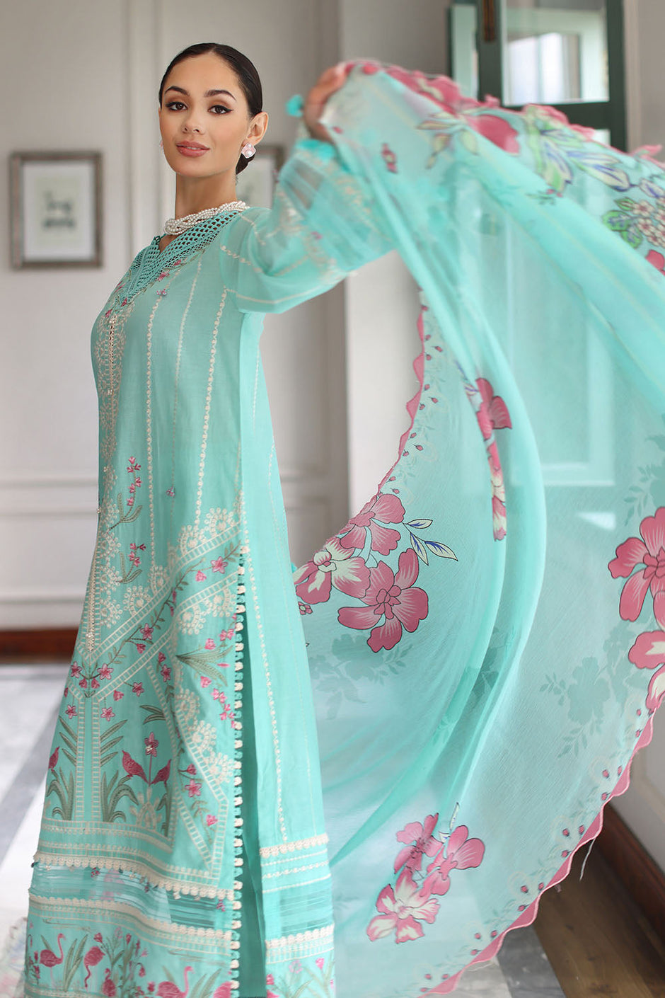 3 Piece Embroidered Lawn Suit with Chiffon Dupatta
