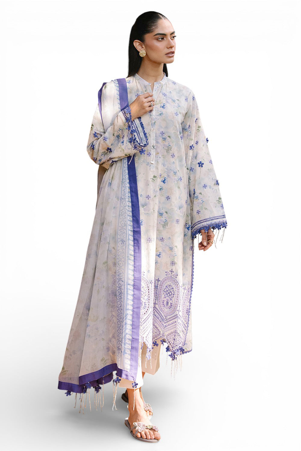 3 Piece Embroidered Printed Lawn Suit with Printed Chiffon Dupatta
