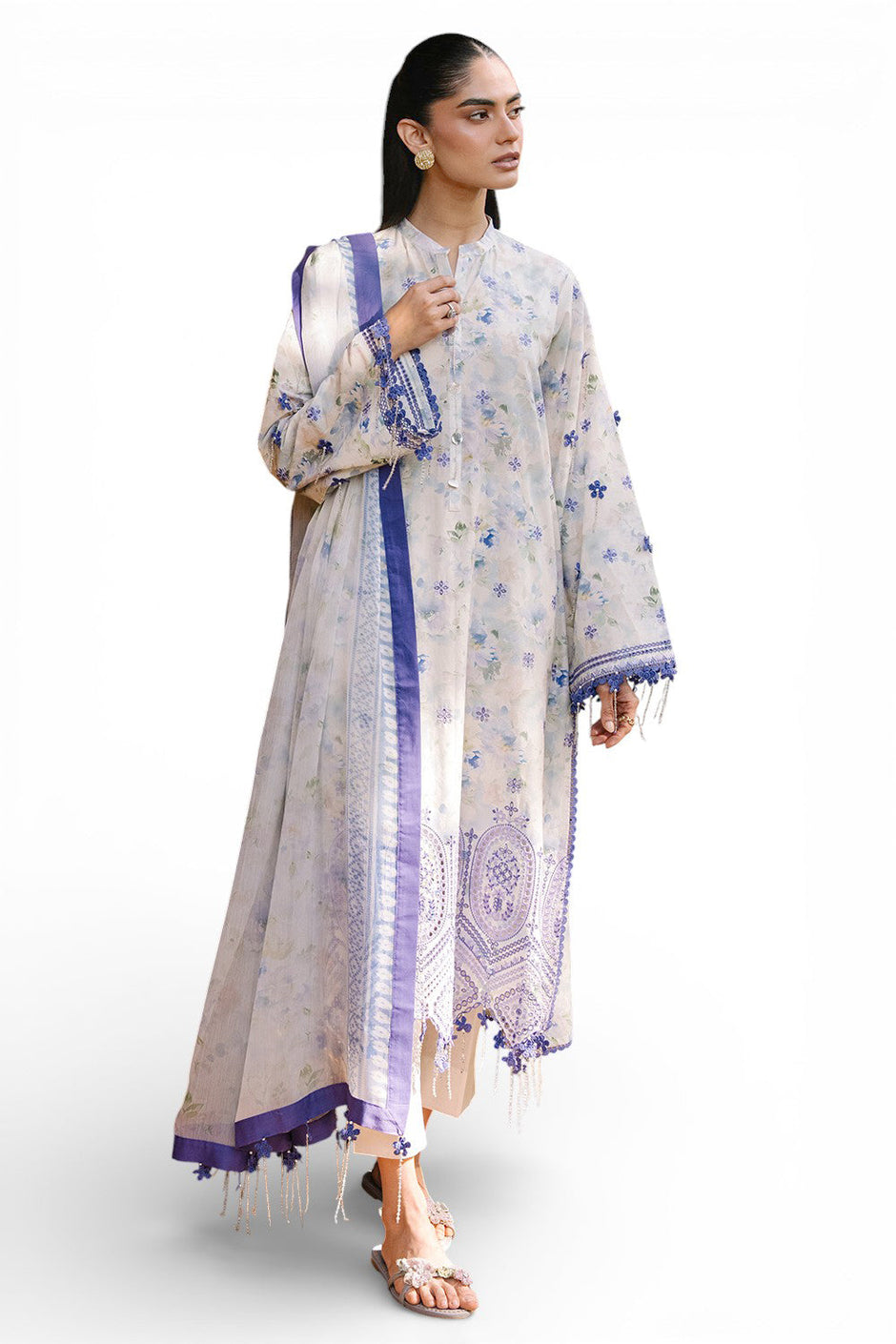 3 Piece Embroidered Printed Lawn Suit with Printed Chiffon Dupatta