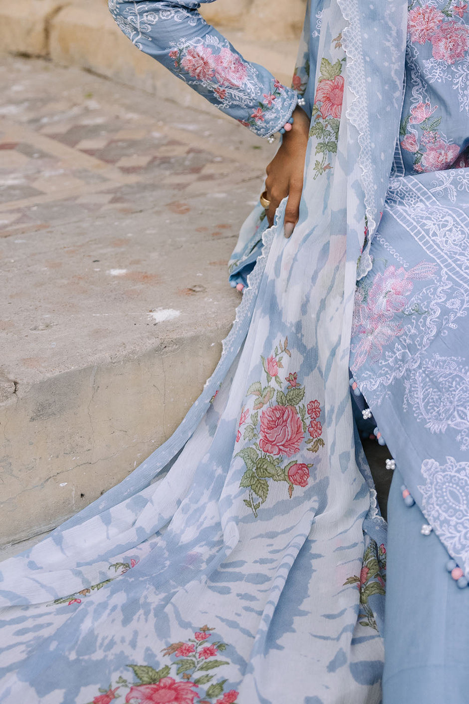 3 Piece Embroidered Lawn Suit with Borders and Printed Chiffon Dupatta