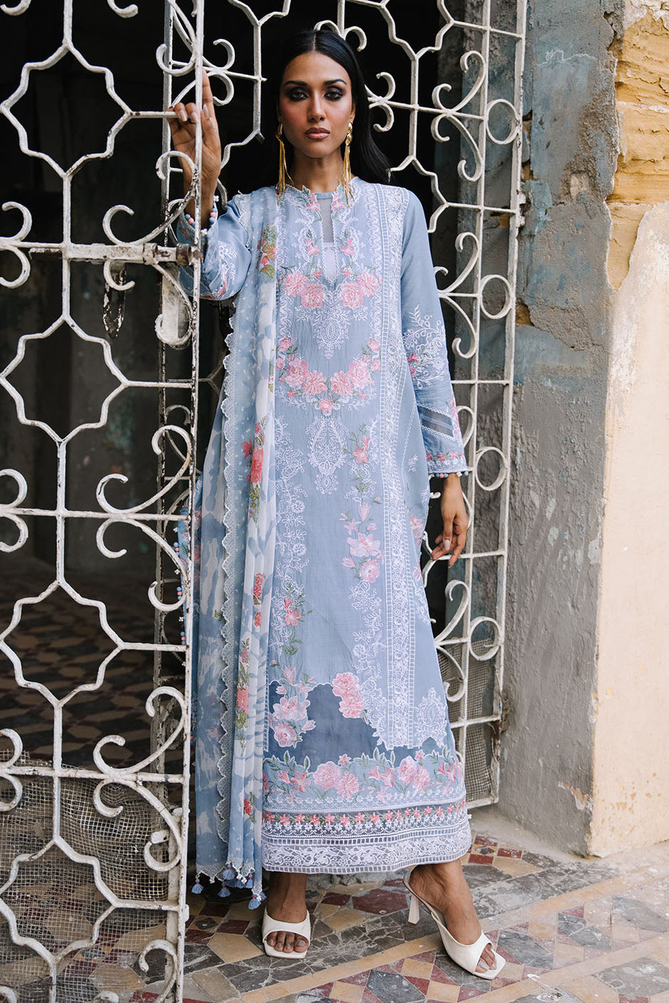 3 Piece Embroidered Lawn Suit with Borders and Printed Chiffon Dupatta