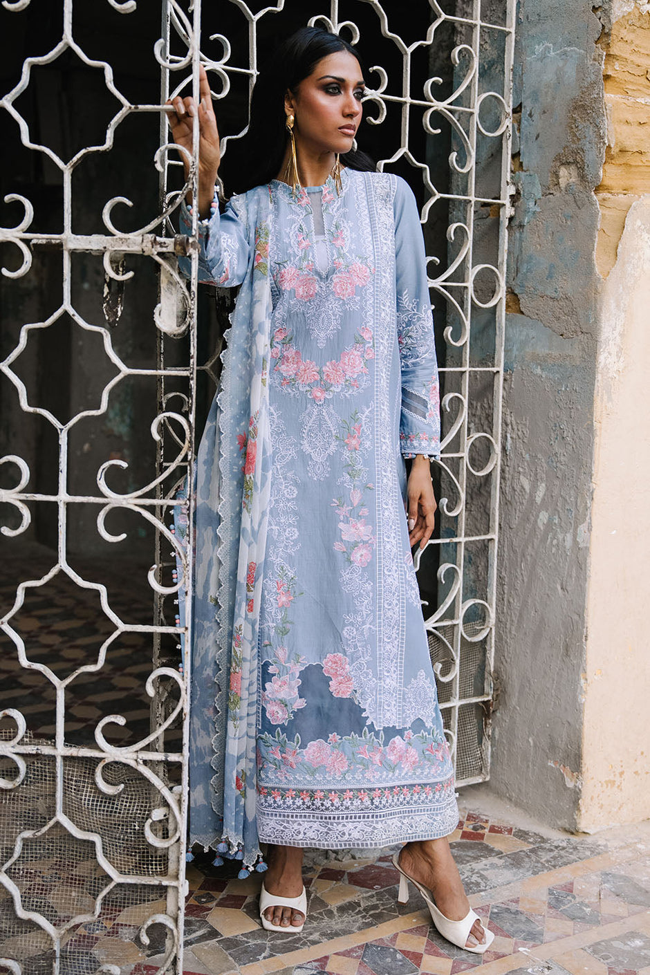 3 Piece Embroidered Lawn Suit with Borders and Printed Chiffon Dupatta