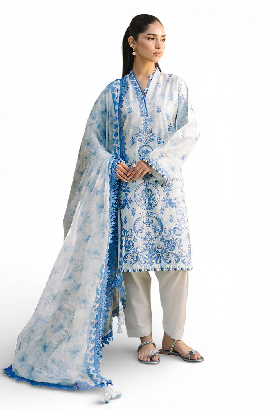 3 Piece Embroidered Printed Lawn Suit with Border and Printed Chiffon Dupatta