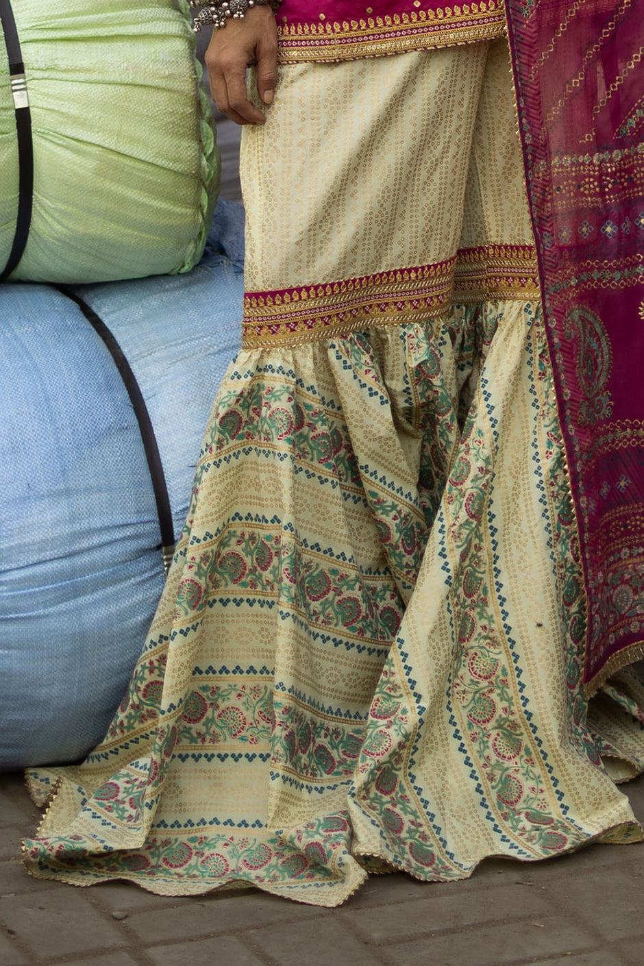 3 Piece Gold and Lacquer Printed Lawn Gharara Suit with Gold and Lacquer Printed Chiffon Dupatta and Embroidered Lace
