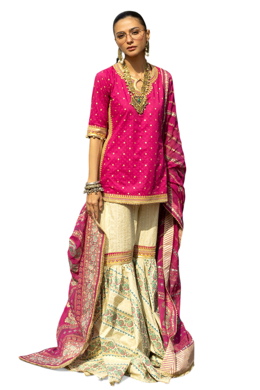 3 Piece Gold and Lacquer Printed Lawn Gharara Suit with Gold and Lacquer Printed Chiffon Dupatta and Embroidered Lace