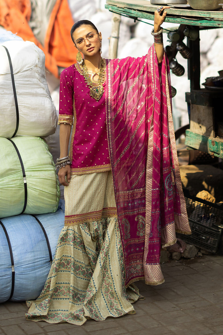 3 Piece Gold and Lacquer Printed Lawn Gharara Suit with Gold and Lacquer Printed Chiffon Dupatta and Embroidered Lace