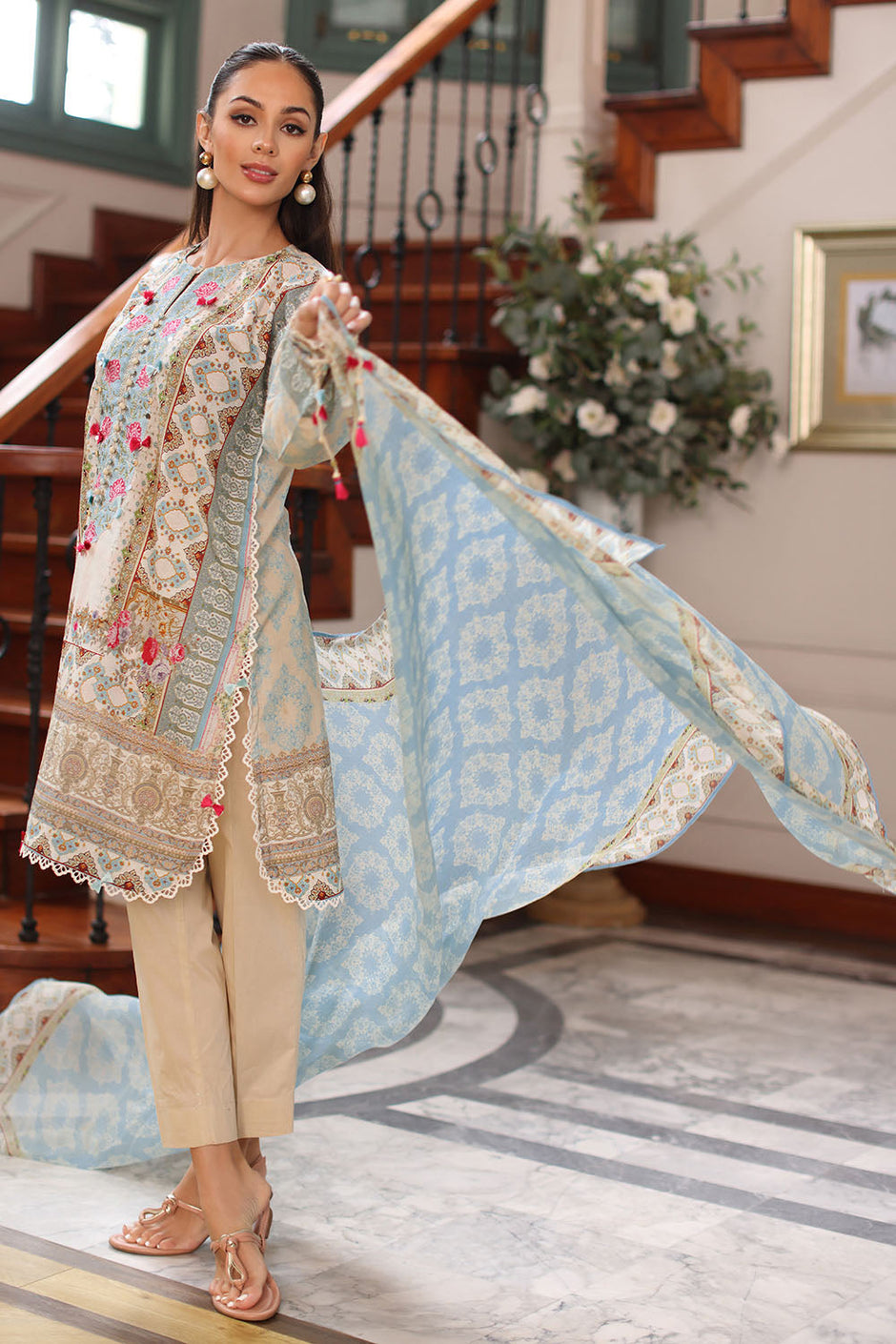 3 Piece Printed Lawn Suit with Chiffon Dupatta