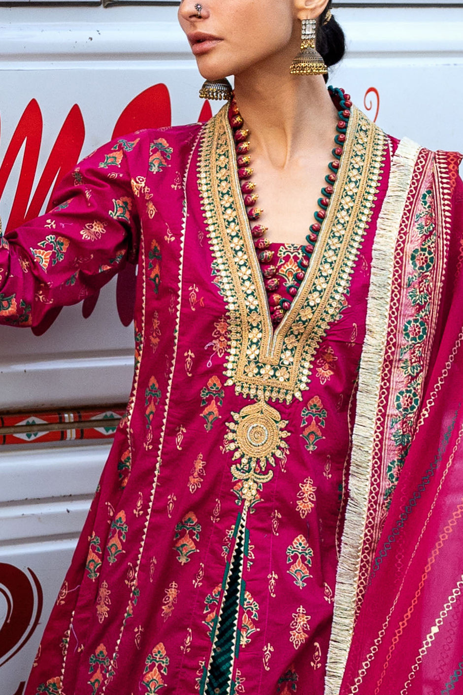 3 Piece Gold and Lacquer Printed Lawn Suit with Gold and Lacquer Printed Chiffon Dupatta and Gold and Lacquer Printed Trouser