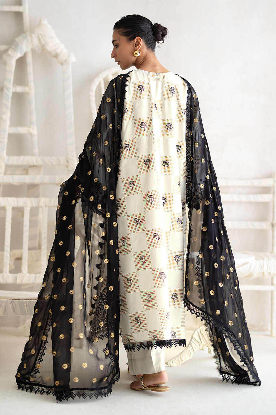 3 Piece Embroidered Gold Printed Dobby Cotton Slub Suit with Chiffon Dupatta and Crochet Lace