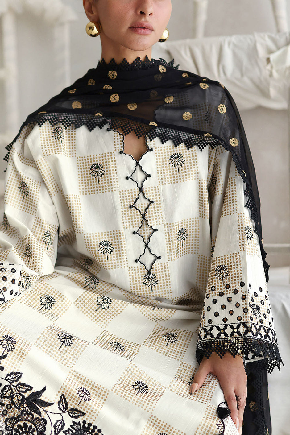 3 Piece Embroidered Gold Printed Dobby Cotton Slub Suit with Chiffon Dupatta and Crochet Lace