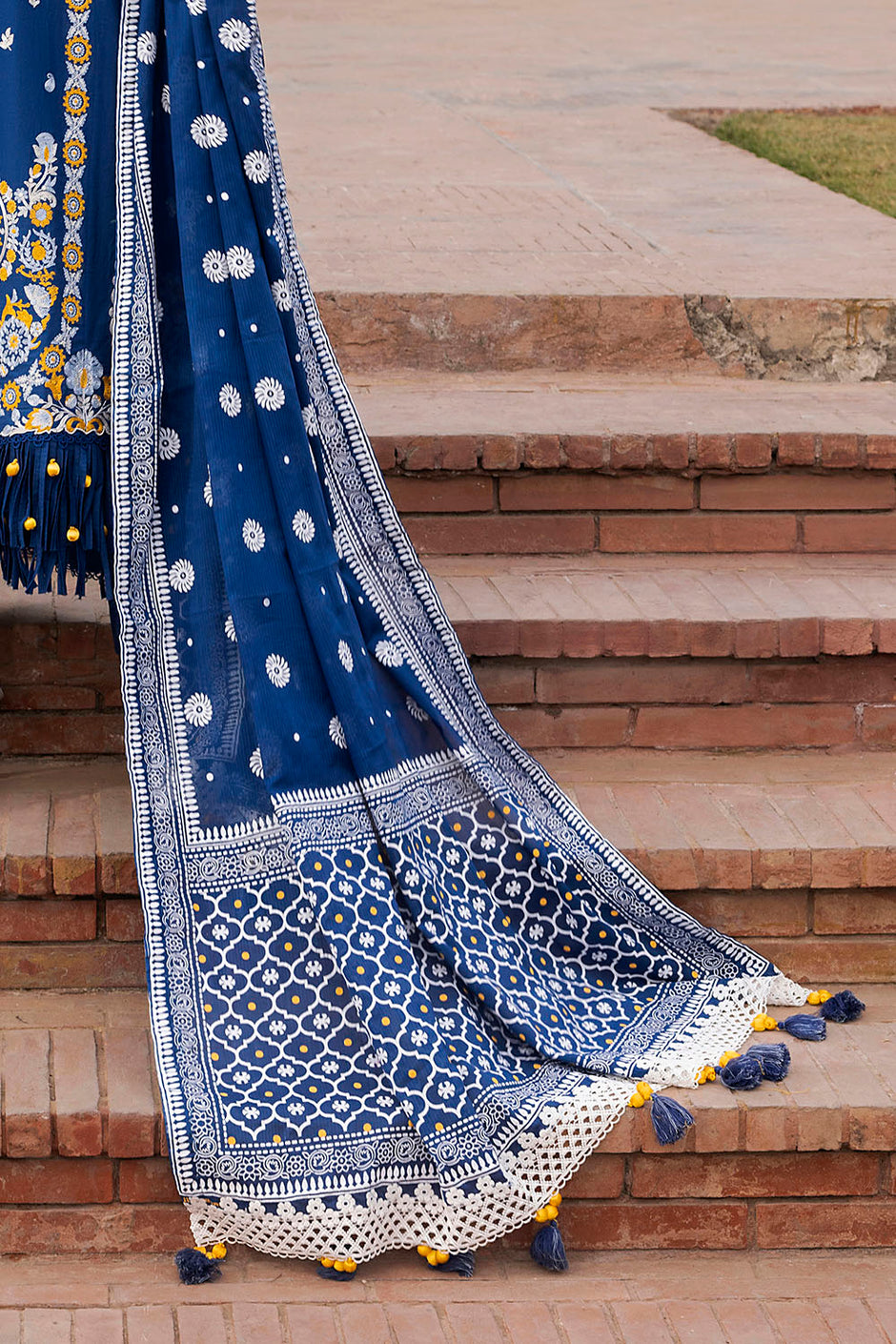 3 Piece Embroidered Lawn Suit with Lacquer Printed Denting Dupatta