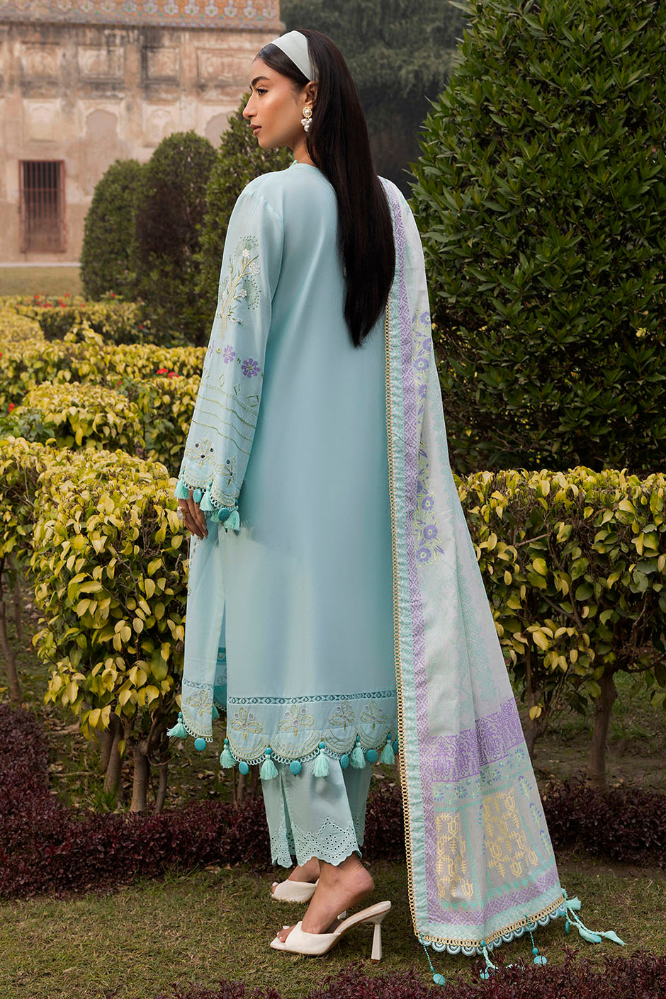3 Piece Embroidered Lawn Suit with Lacquer Printed Denting Dupatta