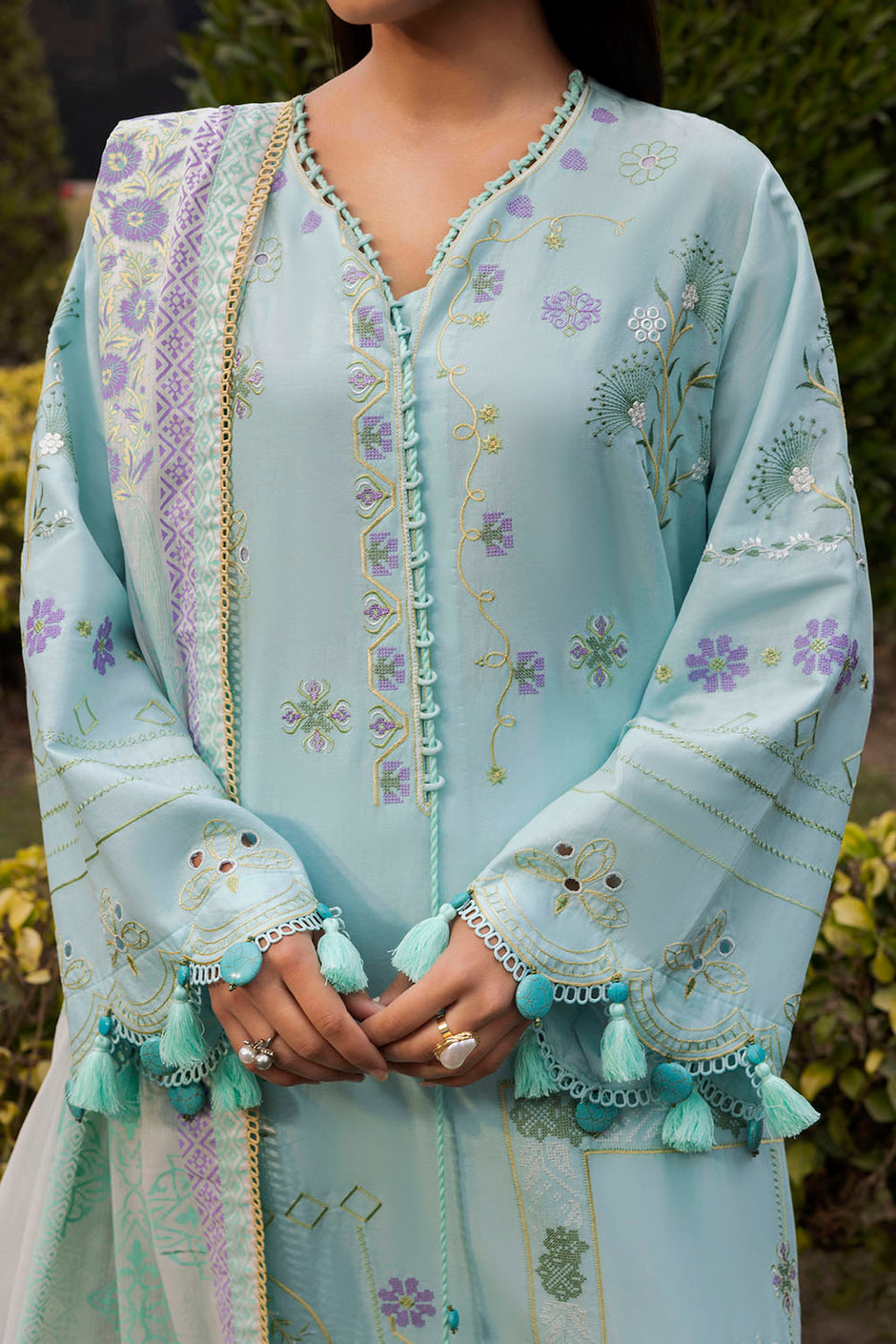 3 Piece Embroidered Lawn Suit with Lacquer Printed Denting Dupatta