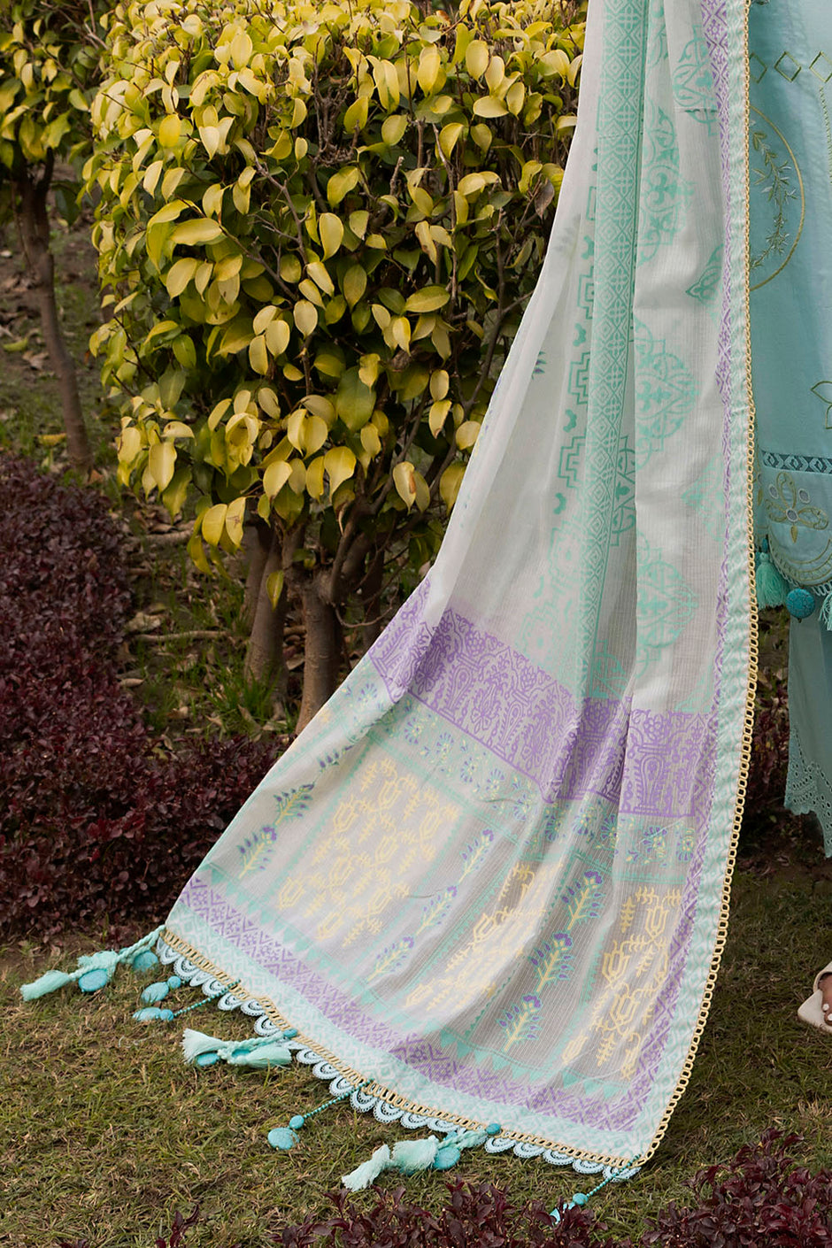 3 Piece Embroidered Lawn Suit with Lacquer Printed Denting Dupatta