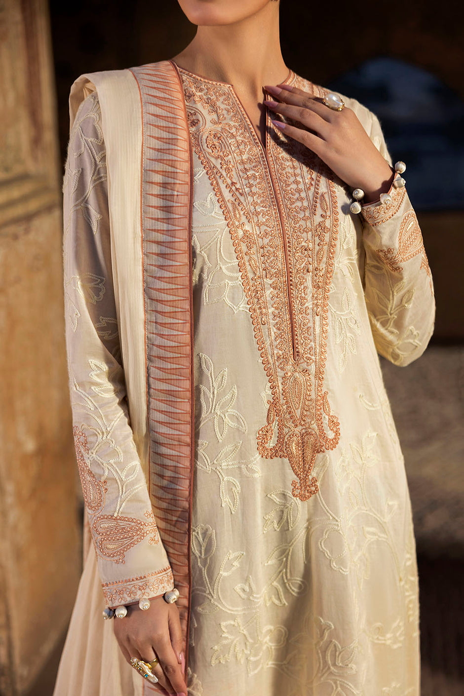 3 Piece Embroidered Lawn Suit with Lacquer Printed Denting Dupatta