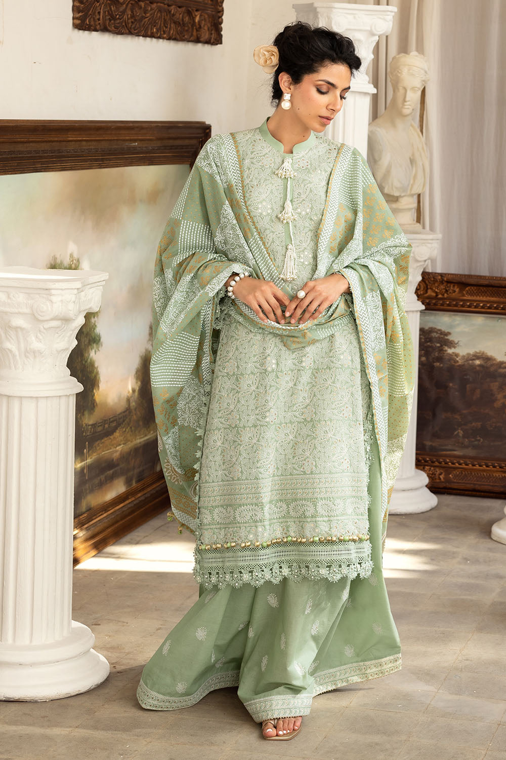 3 Piece Zari & Sequins Embroidered Lawn Suit with Gold & Lacquer Printed Dupatta