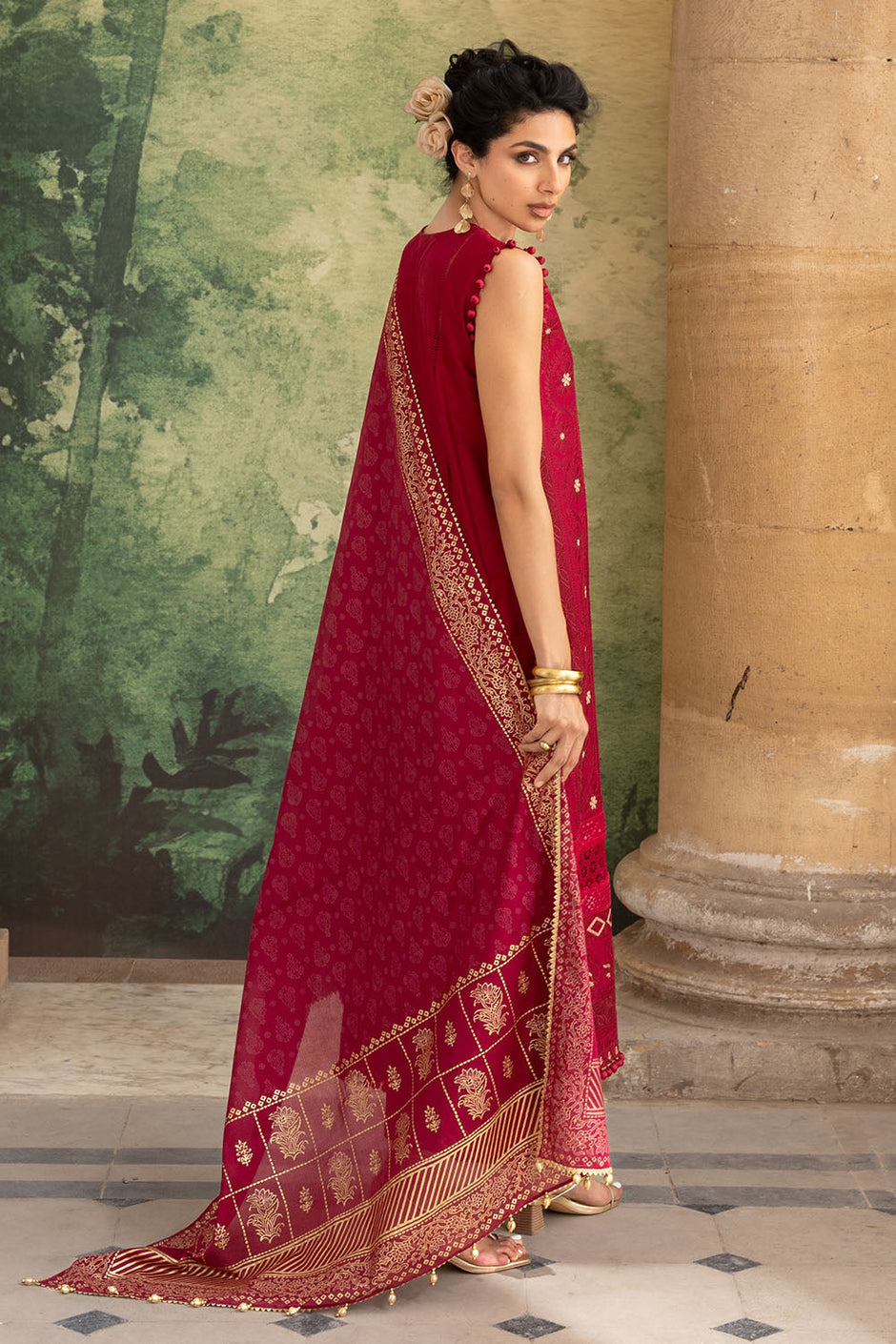 3 Piece Zari & Sequins Embroidered Lawn Suit with Gold & Lacquer Printed Dupatta