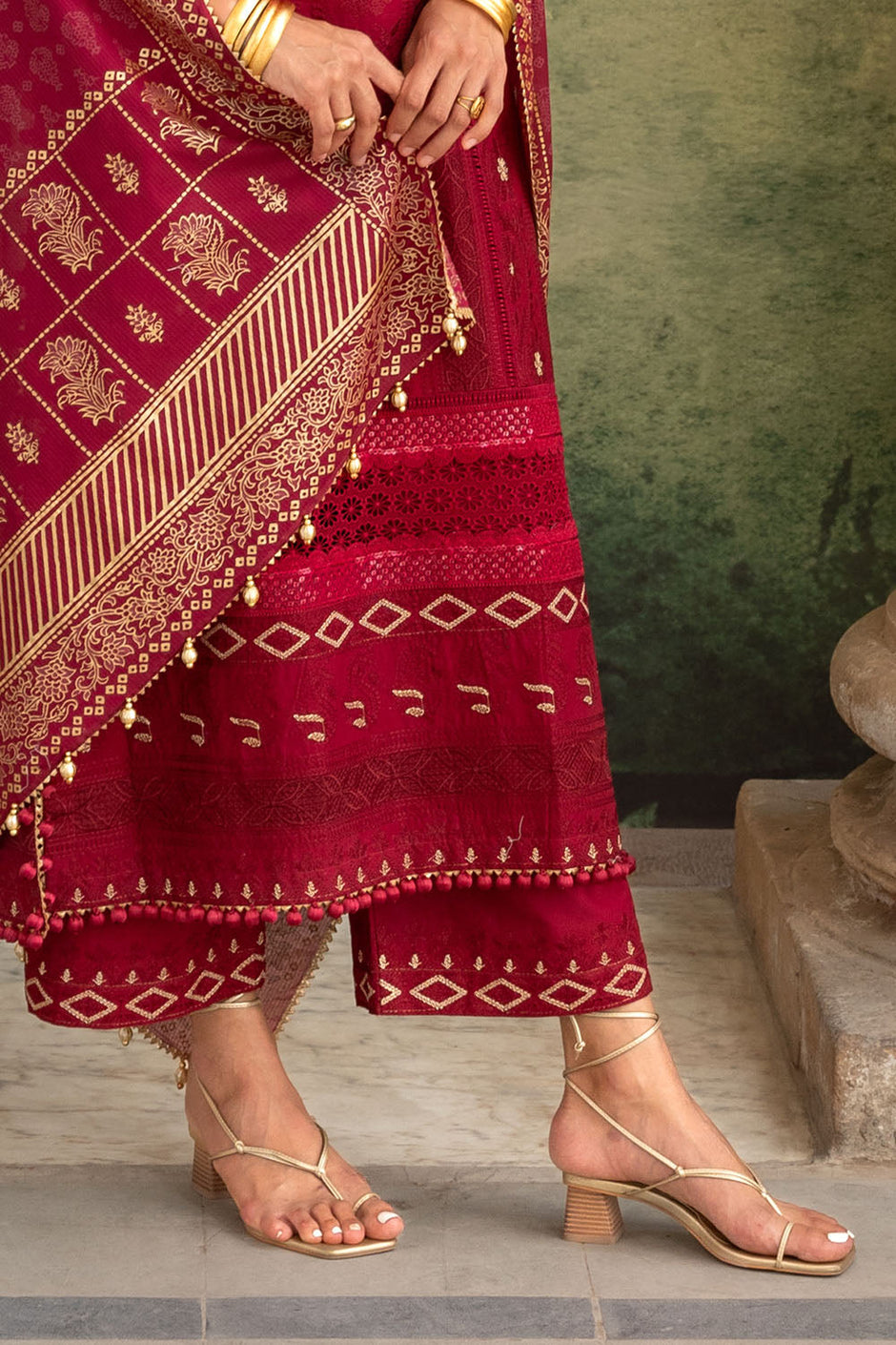 3 Piece Zari & Sequins Embroidered Lawn Suit with Gold & Lacquer Printed Dupatta