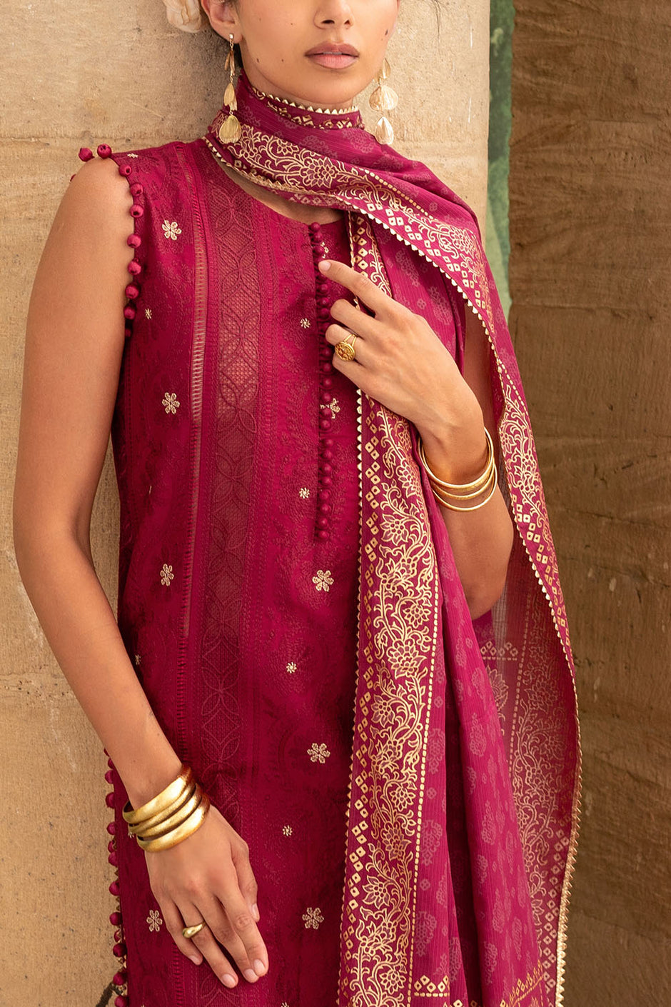 3 Piece Zari & Sequins Embroidered Lawn Suit with Gold & Lacquer Printed Dupatta
