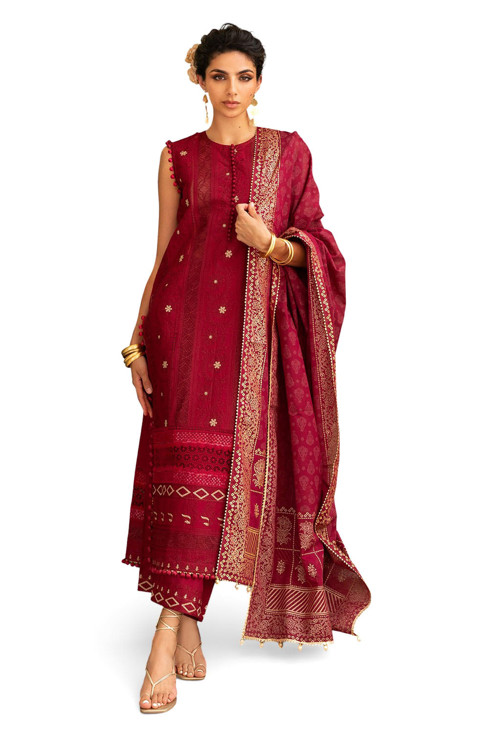 3 Piece Zari & Sequins Embroidered Lawn Suit with Gold & Lacquer Printed Dupatta