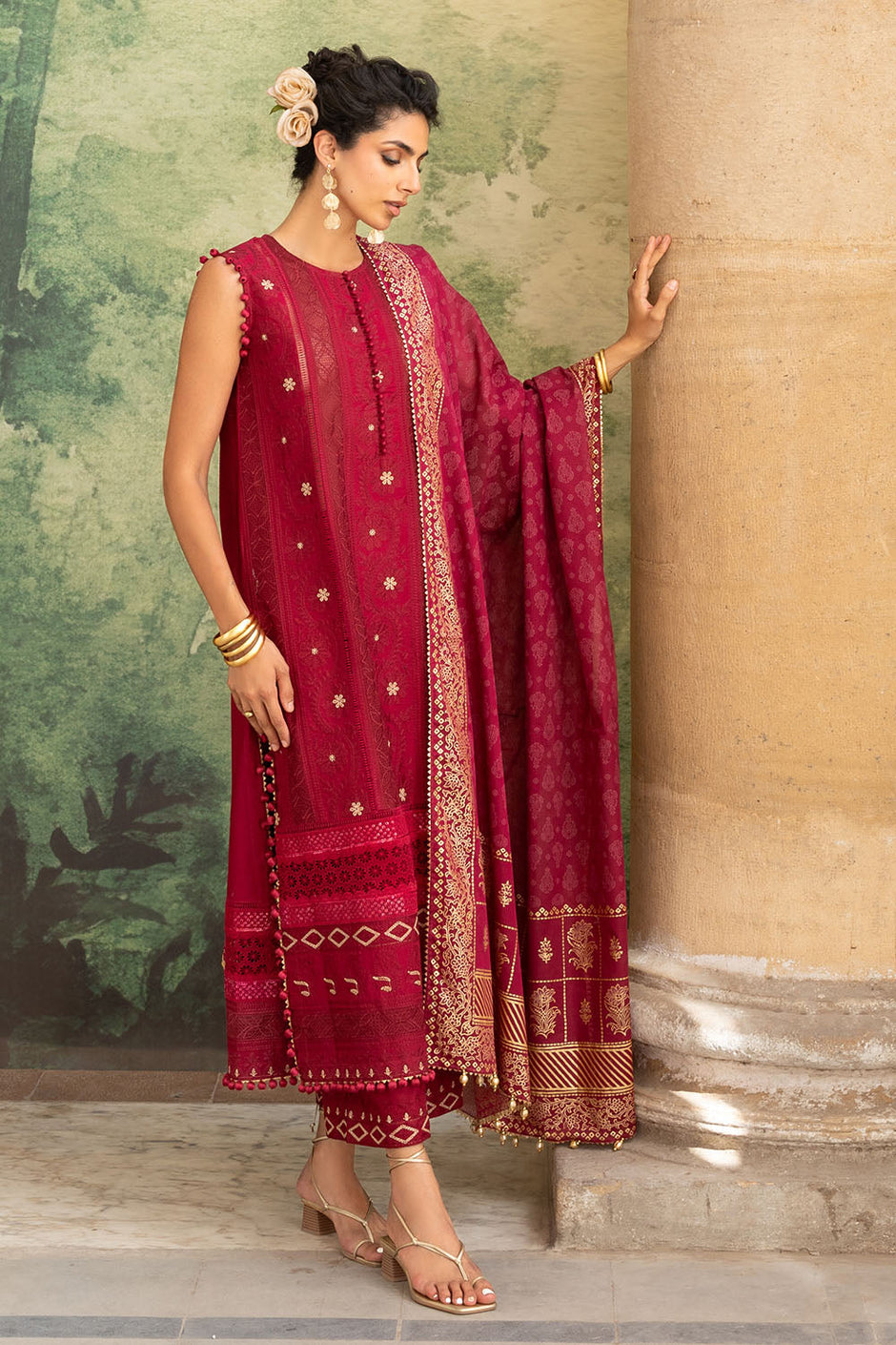3 Piece Zari & Sequins Embroidered Lawn Suit with Gold & Lacquer Printed Dupatta