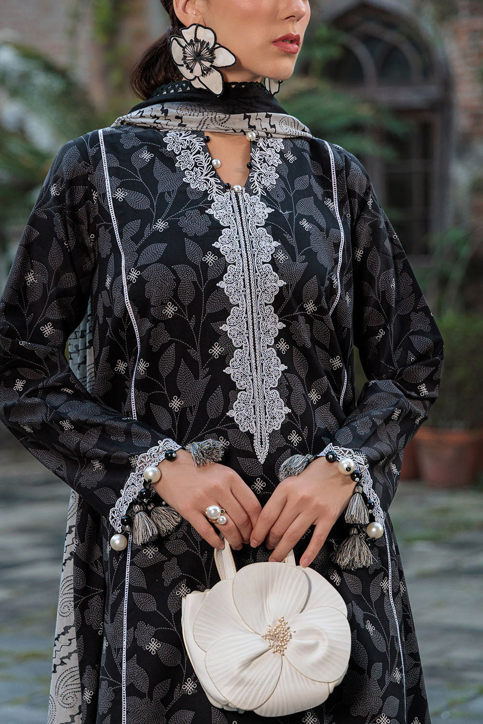 3 Piece Printed Lawn Suit with Embroidered Neckline, Borders and Lace