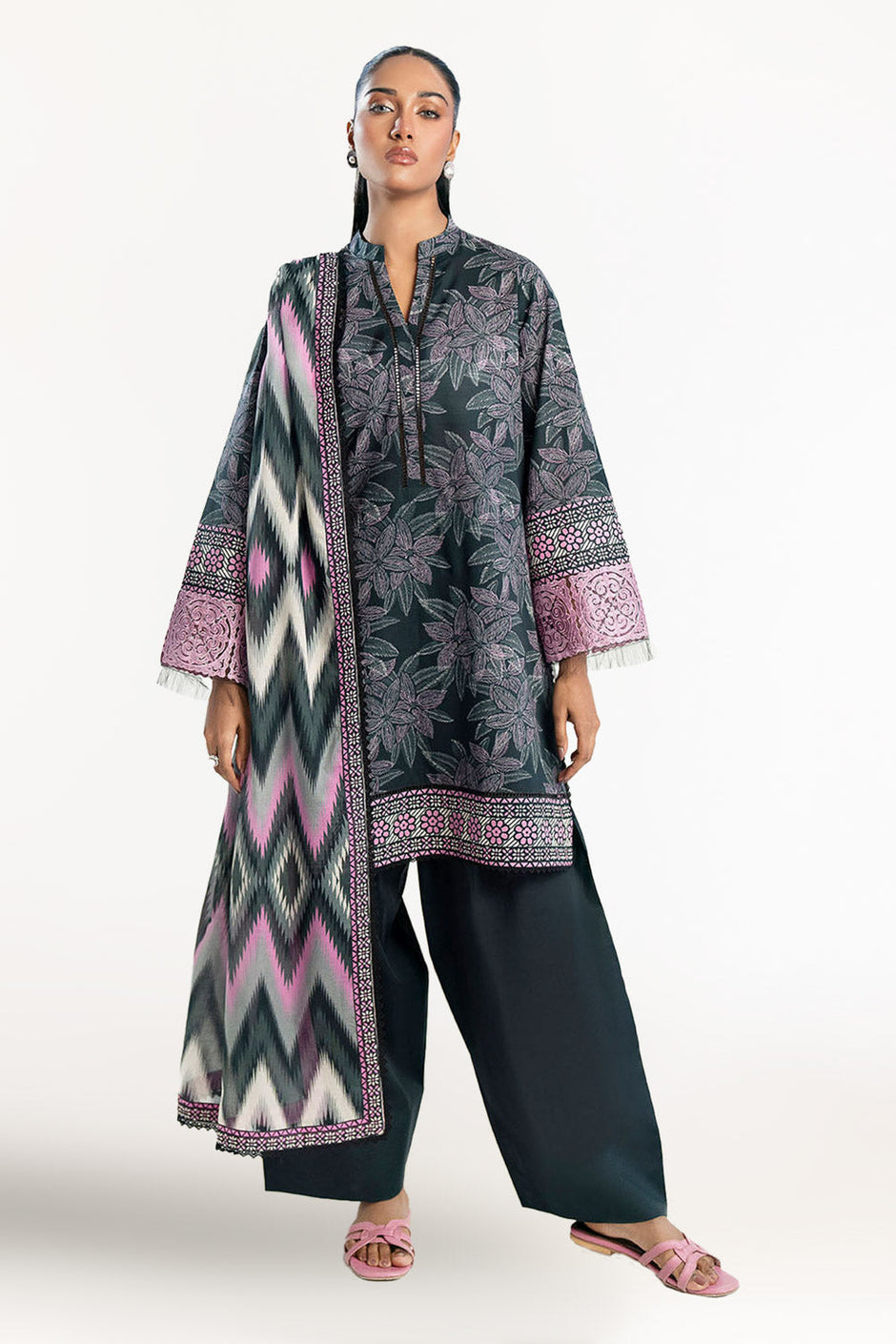 3 Piece Printed Lawn Suit with Embroidered Organza Sleeves
