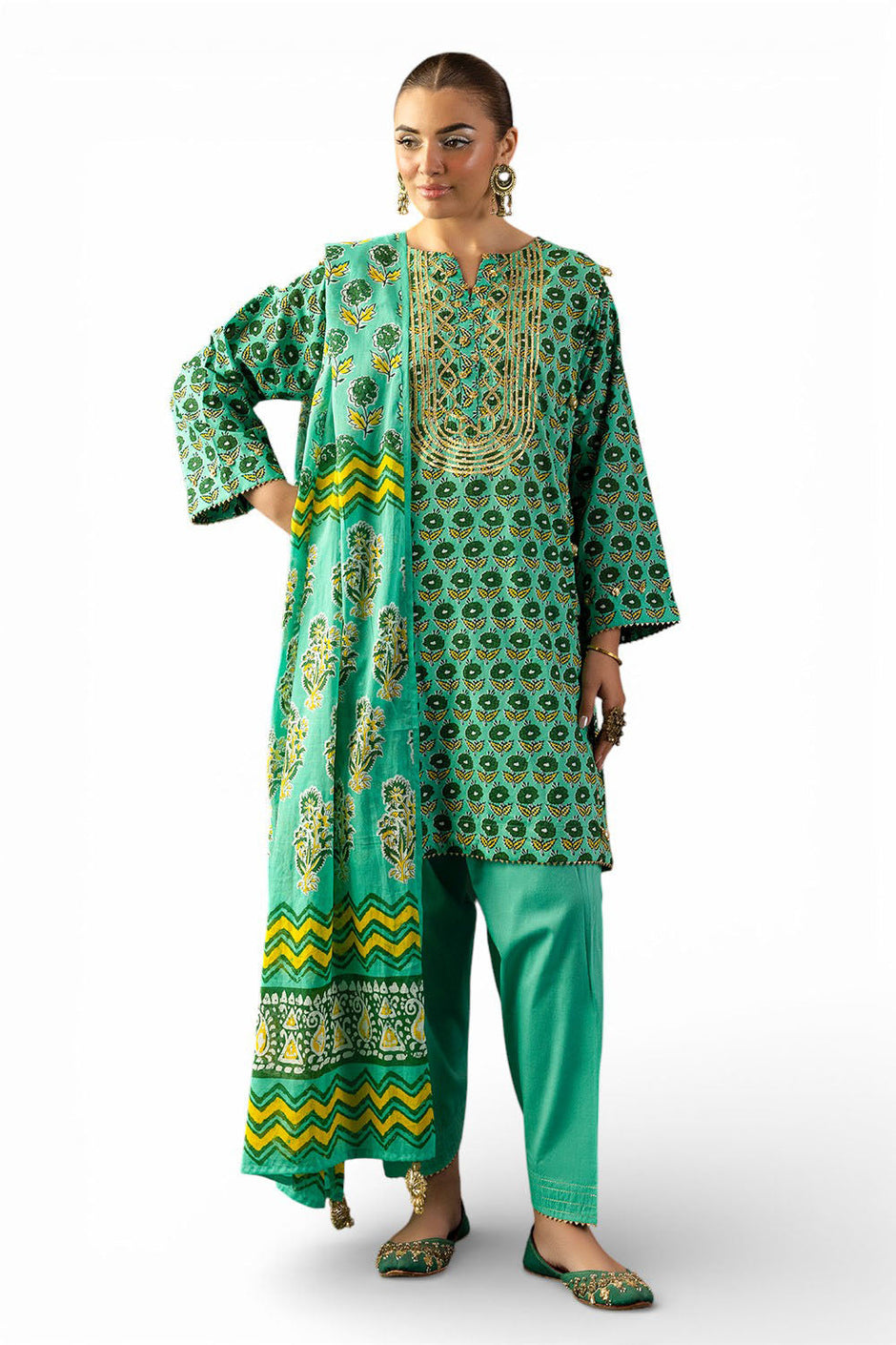 3 Piece Gota Embroidered Lawn Suit with Printed Lawn Dupatta