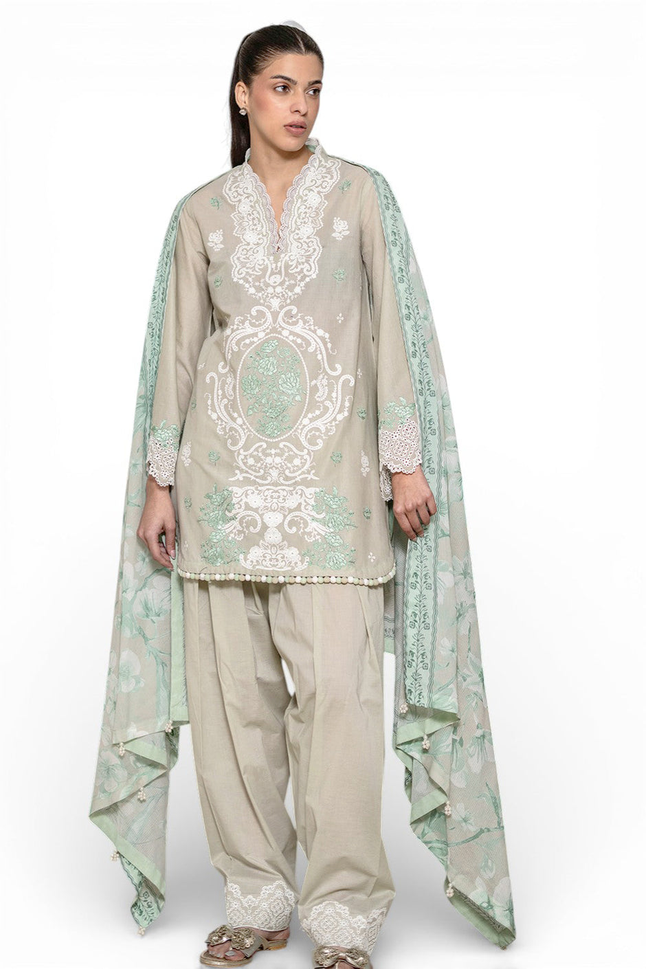 3 Piece Embroidered Lawn Suit with Denting Lawn Dupatta and Border