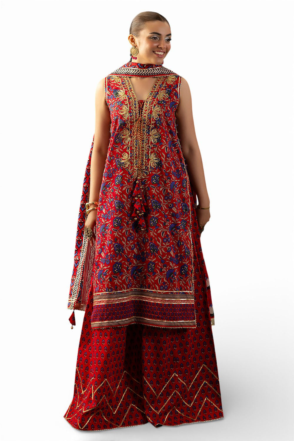 3 Piece Gota Embroidered Lawn Suit with Printed Lawn Dupatta