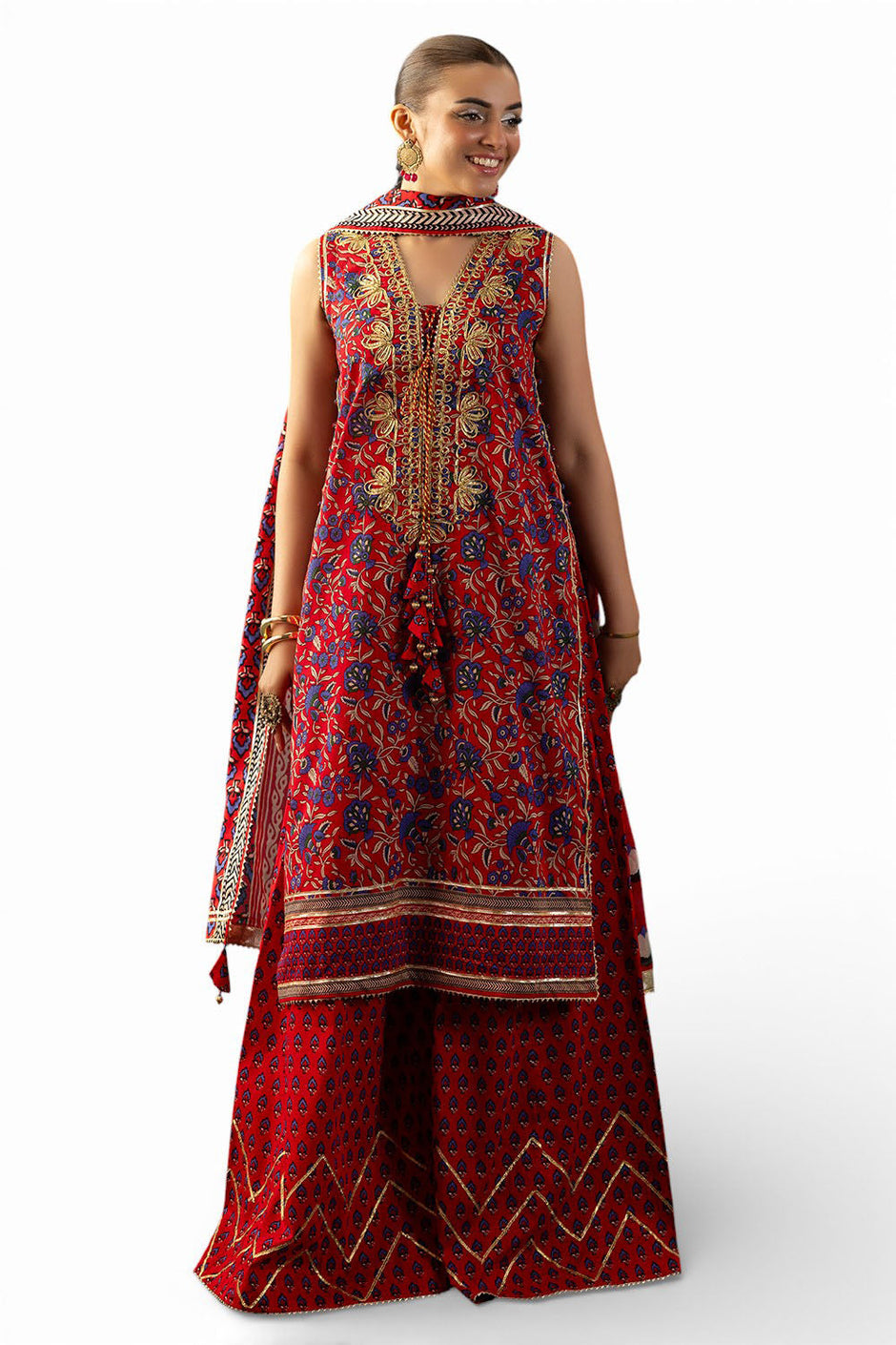 3 Piece Gota Embroidered Lawn Suit with Printed Lawn Dupatta