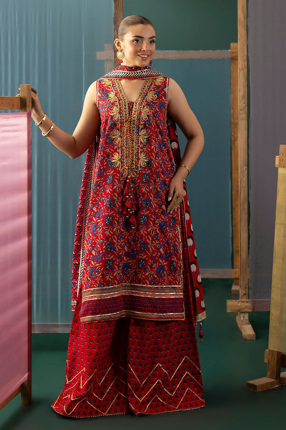 3 Piece Gota Embroidered Lawn Suit with Printed Lawn Dupatta