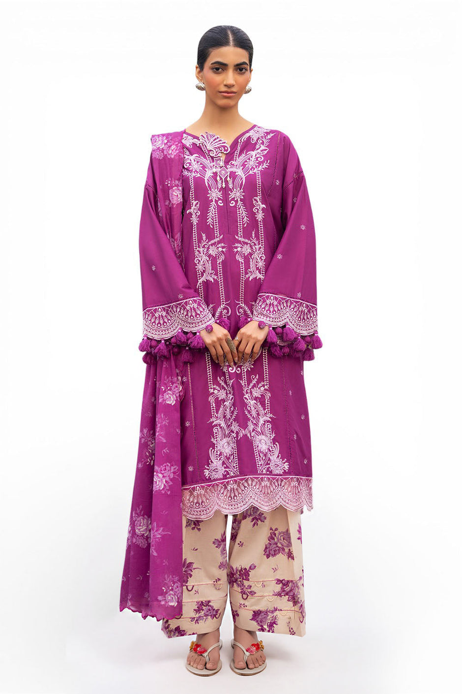 3 Piece Embroidered Lawn Suit with Embroidered Borders and Printed Trouser