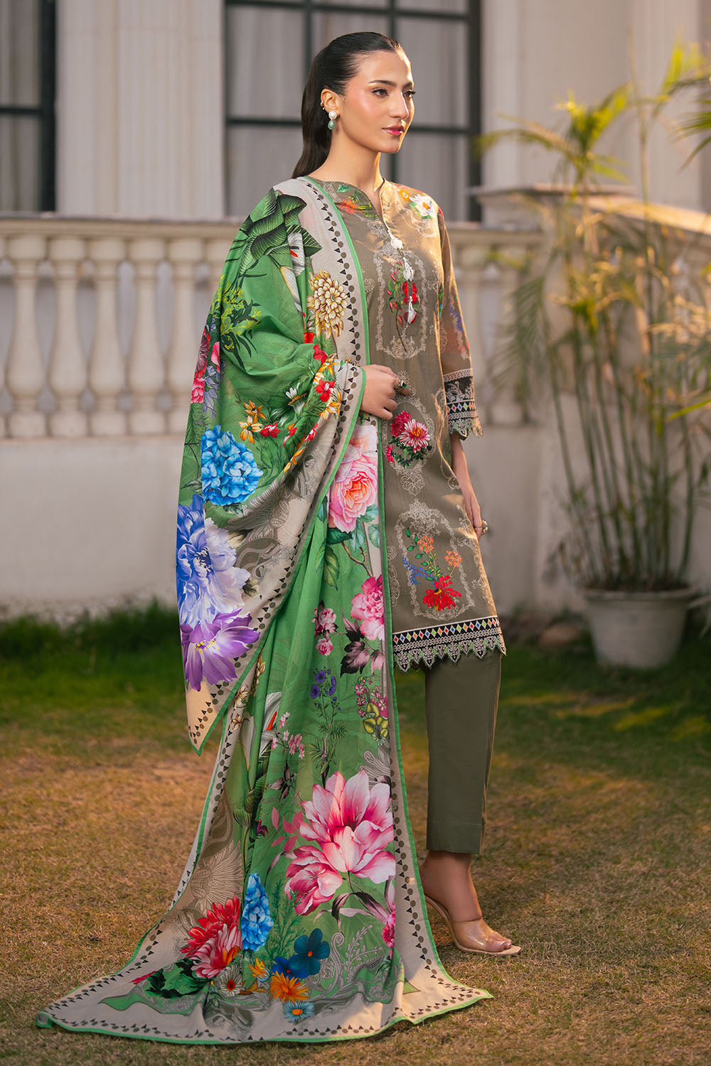 3 Piece Printed Cross Hatch Suit with Lawn Dupatta