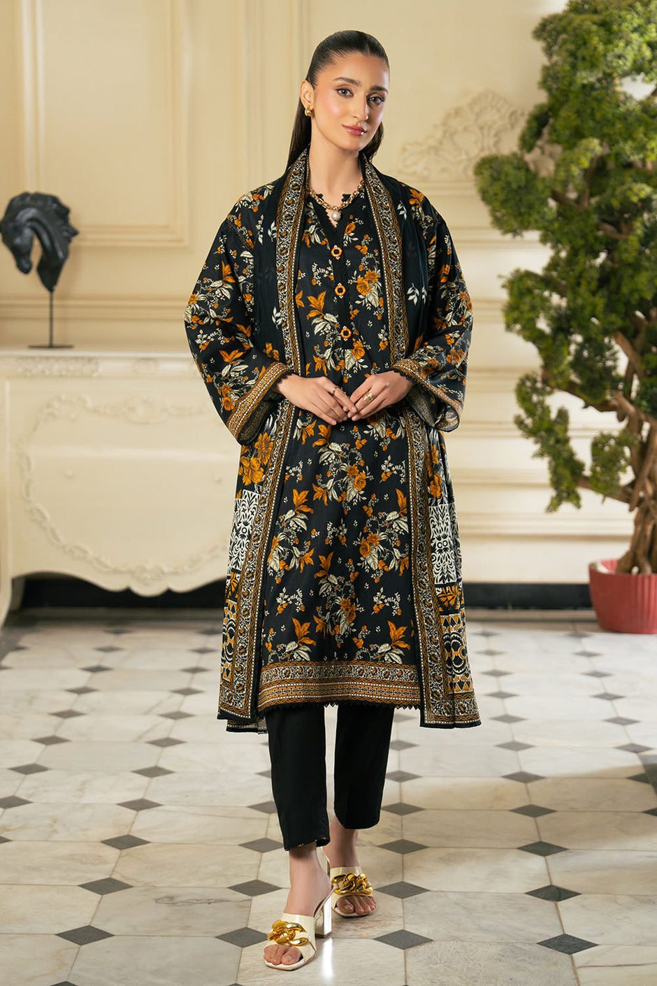 3 Piece Printed Cross Hatch Suit with Lawn Dupatta