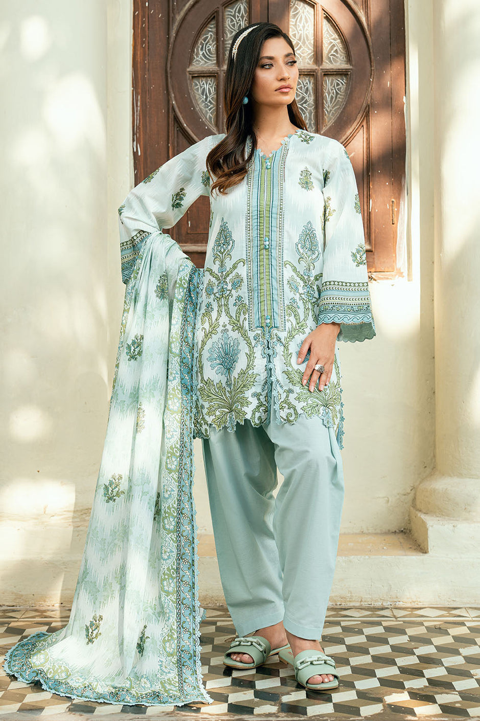 3 Piece Printed Cross Hatch Suit with Lawn Dupatta